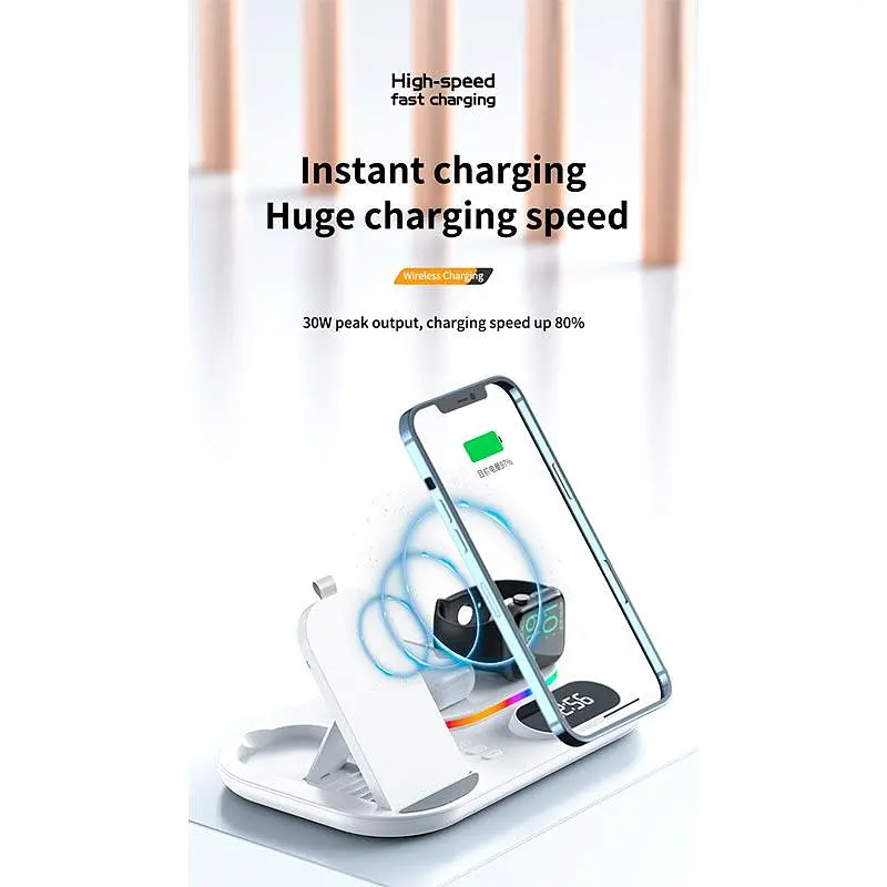 Зарядка Qi 4in1 wireless charger RGB/Clock XYJ A06 сумарно 30 W для Phone/Watch/Earphones - фото 8