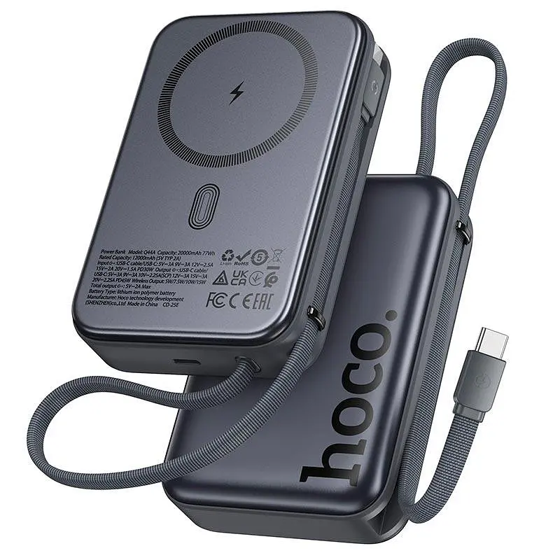 Універсальна мобільна батарея HOCO Origen dual PD magnetic power bank with cable dark 20000mAh Q44A |2Type-C, 45W/3A, PD/QC|