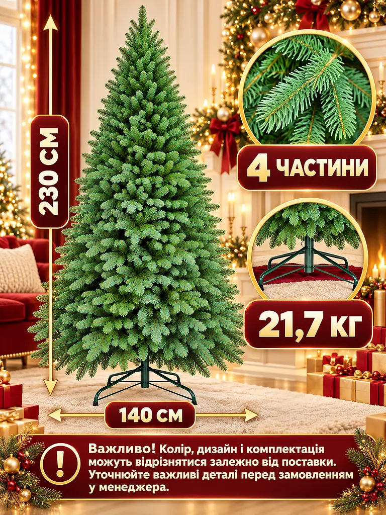Лита штучна ялинка ТЗ23 Сільва 230 см з густою хвоєю на металевій підставці, зелена (49676497) - фото 3