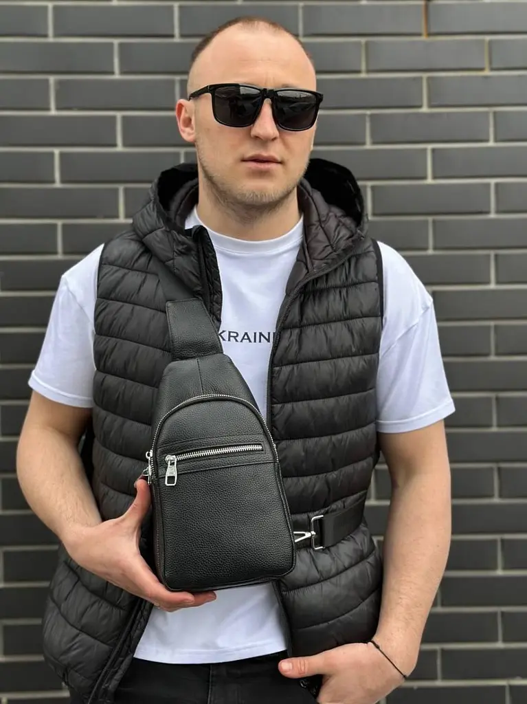 Чоловіча сумка-бананка через плече 18х32х7 з натуральної шкіри TIDING BAG 3280 чорна 18 см - фото 6