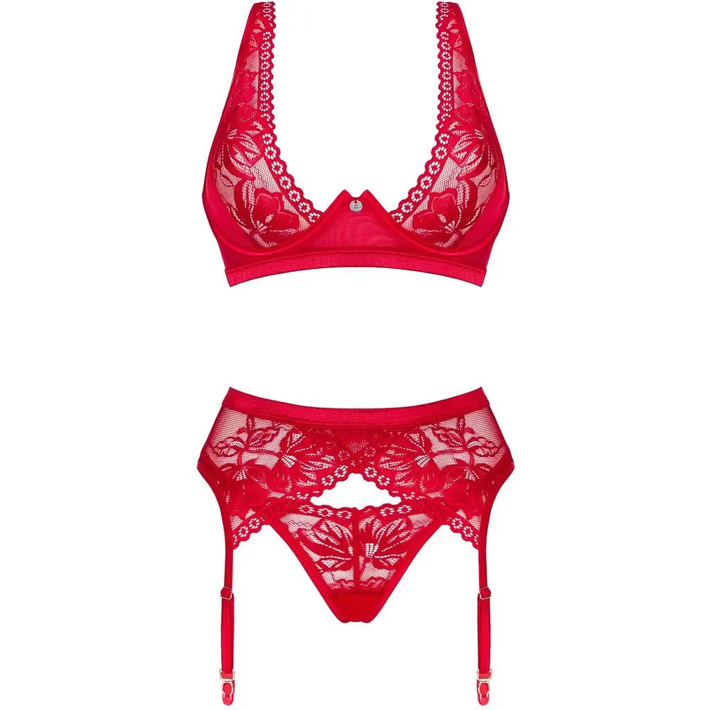 Комплект білизни Obsessive Lacelove cupless 3-pcs set XS/S Red, бюстгальтер, стрінги, пояс для панчі - фото 3