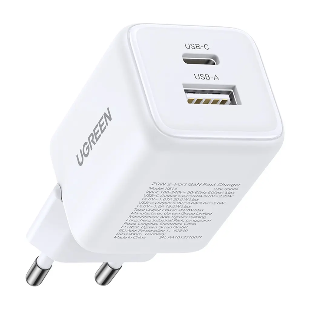 Зарядний пристрій Ugreen X514 1xUSB-C PD20W + 1xUSB GaN white (65006) - фото 4