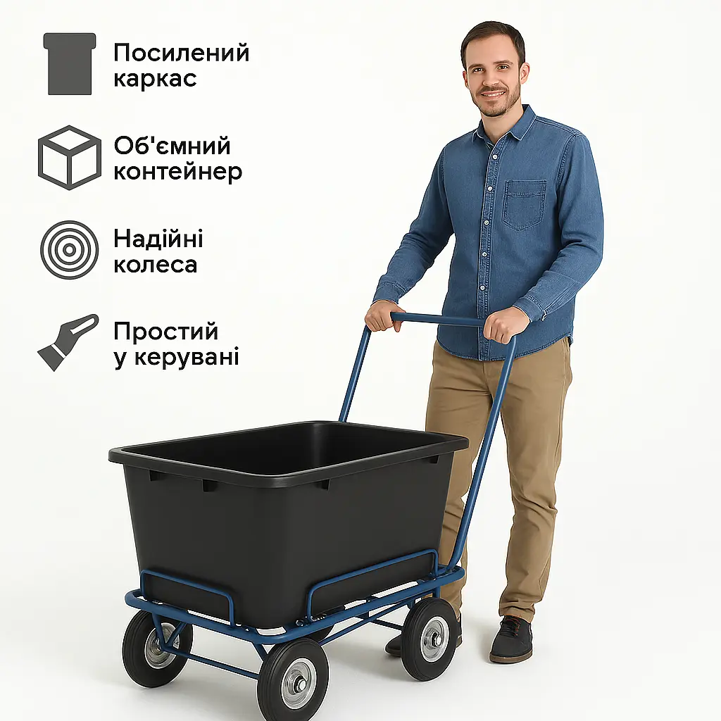 Візок для двірника ЧТ-200Д зі складаною ручкою та пластиковим коритом 90 л - фото 2