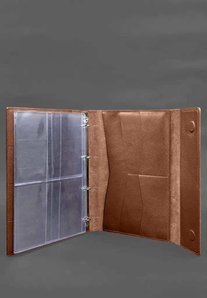 Кожаная папка для документов "Семейная" А4 на сегрегаторе с файлами светло-коричневая - фото 4