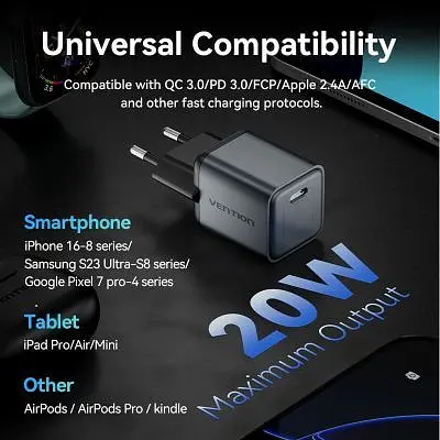 Зарядний пристрій Vention USB-C PD20W GaN gray (FEVH0-EU) - фото 10