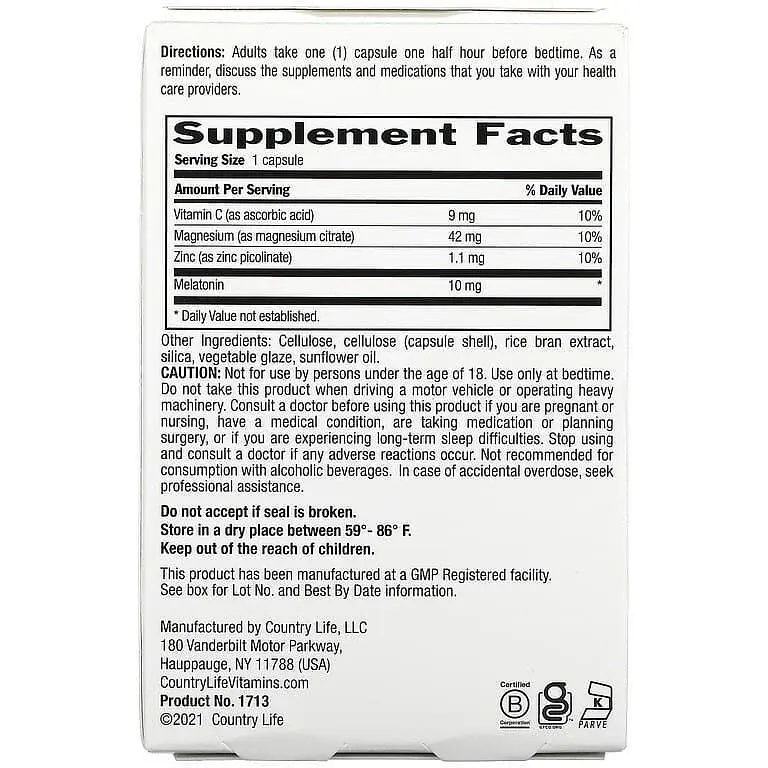 Мелатонін Country Life Magnesium, Zinc & Vitamin C 60 веганських капсул - фото 2