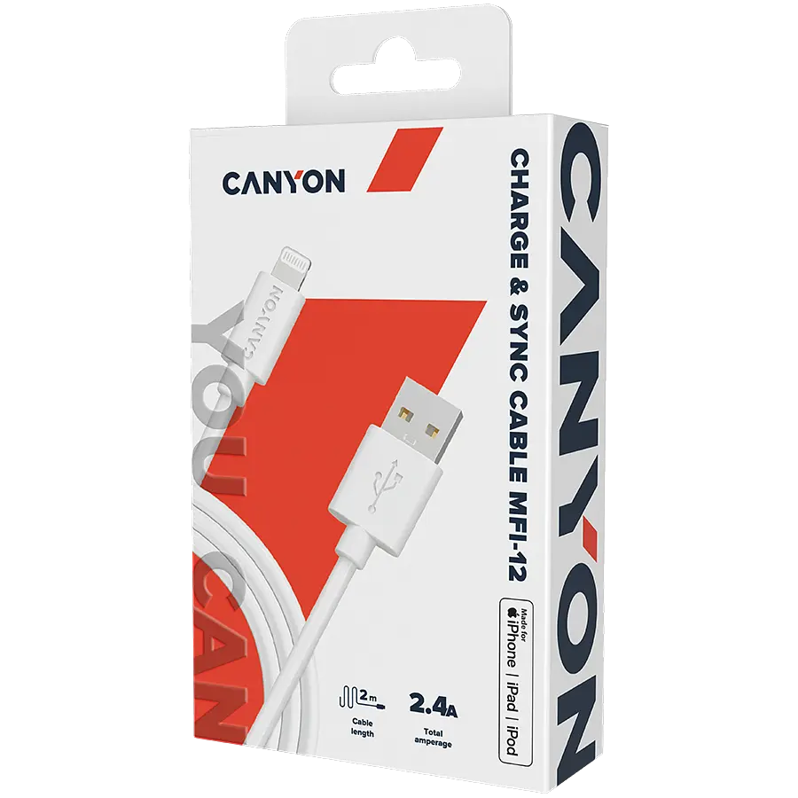 Кабель Lightning Canyon Charge & Sync USB-A to Lightning 2m Білий (CNS-MFIC12W) - фото 2