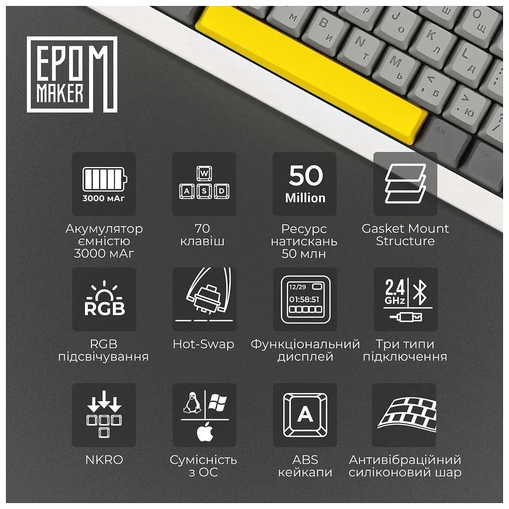 Клавіатура Epomaker Shadow-X 70 Mulan Switch Hot-Swap LCD Screen RGB Wireless/Bluetooth/USB UA White (SHX-W-M) - фото 9