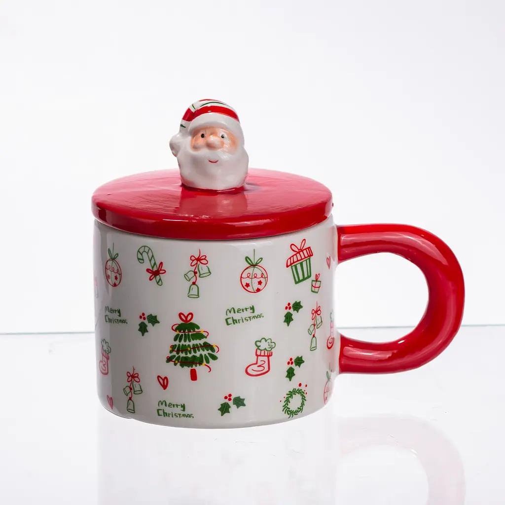 Новогодняя фарфоровая чашка с крышкой Merry Christmas для чая и кофе 350 мл Yiwu CR-1-20 - фото 2