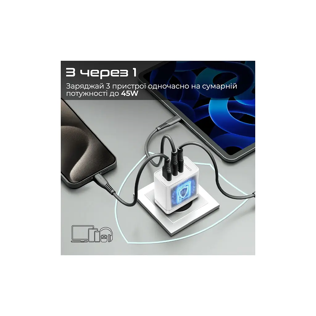Зарядний пристрій Promate powerport-45 2xUSB-C PD + USB-A QC 45W White (powerport-45.white) - фото 3