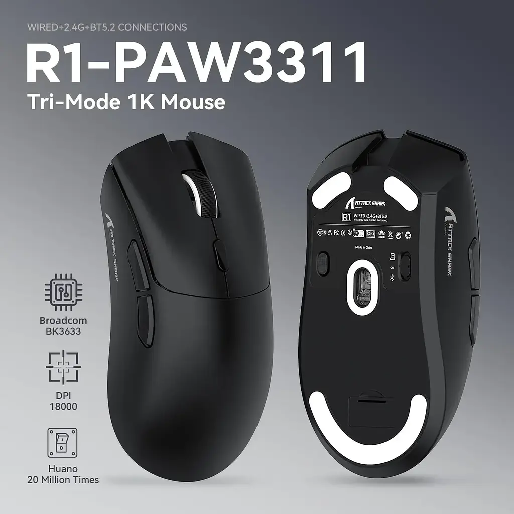 Игровая ультралегкая мышь ATTACK SHARK R1 с сенсором PAW3311, Черный - фото 6