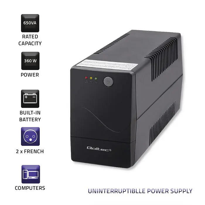Джерело безперебійного живлення з симульованою синусоїдою Qoltec QLT650 360W 650VA, AVR, 2xSchuko, 1x12V 7Ah - фото 3