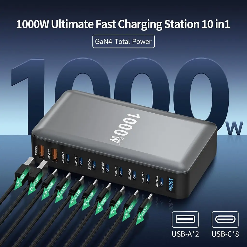 Мережева зарядна станція ILEPO 1000W на 2 USB+8 Type-C мультизарядний пристрій потужний блок живлення Black (19340) - фото 4