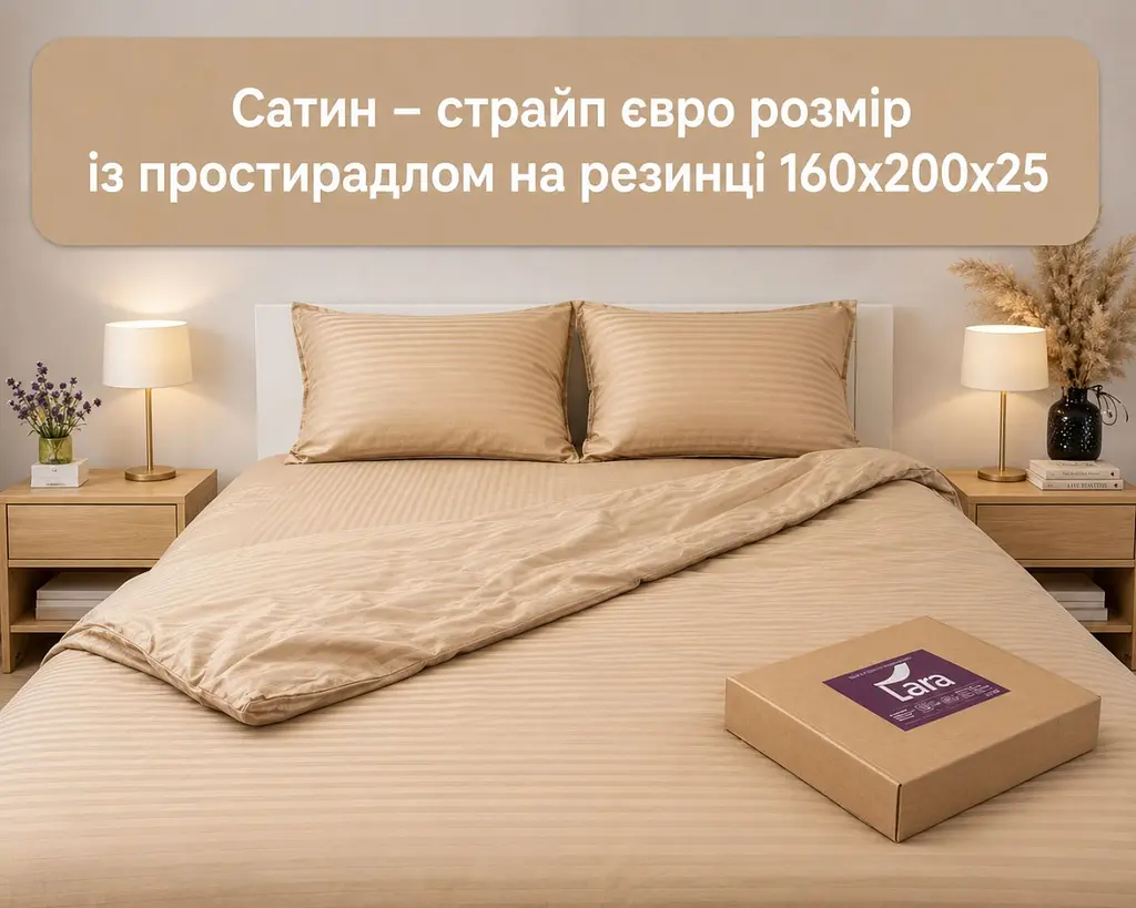 Постільна білизна LARA сатин-страйп LUX natural d13204е160 з простирадлом на резинці 160х200х25 євро