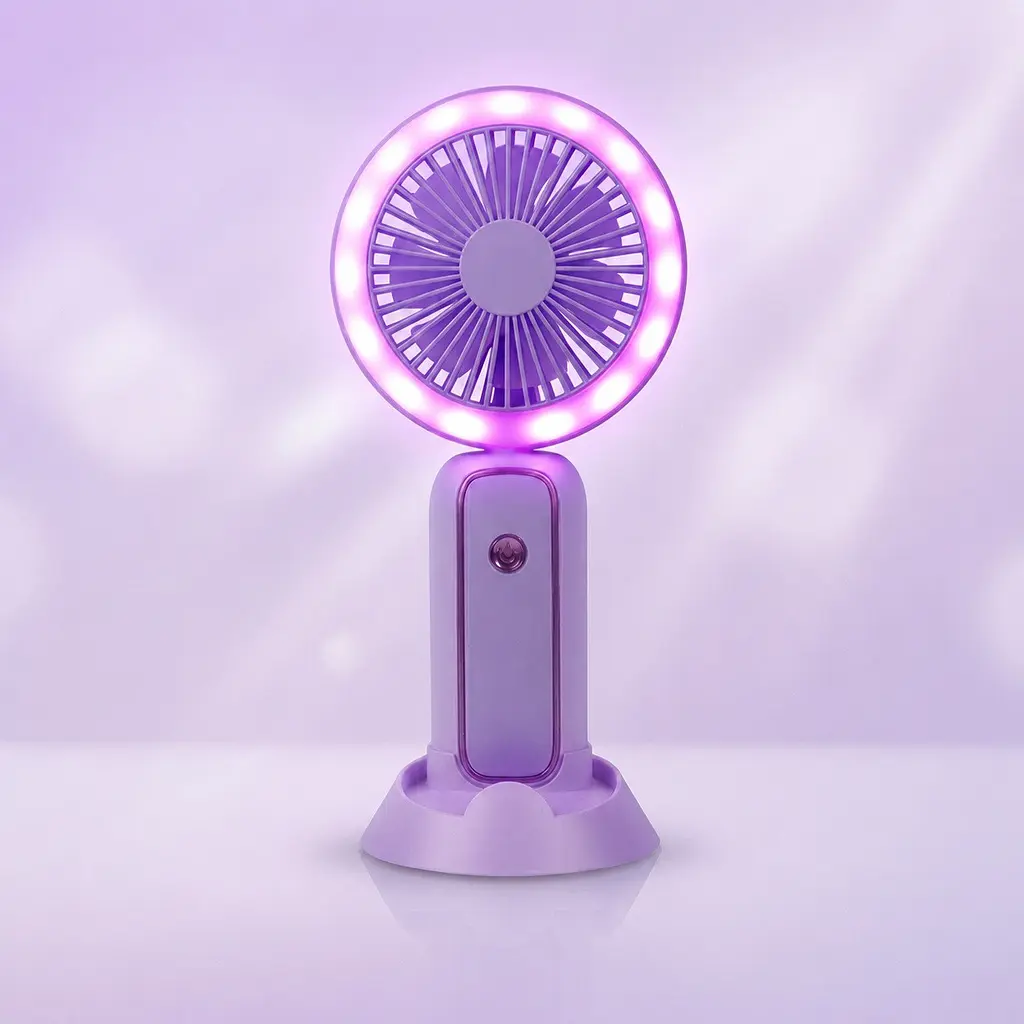 Ручний вентилятор Mini Portable Fan 3 Вт із підсвіткою і підставкою для телефона, фіолетовий, акумуляторний вентилятор - фото 2