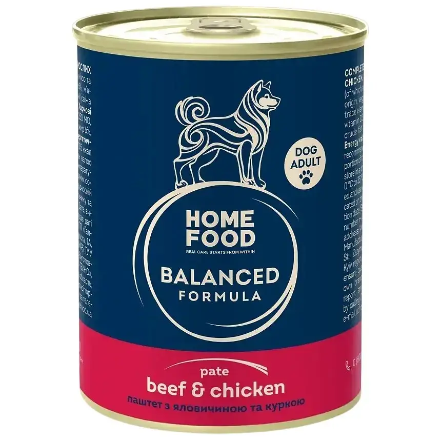 Повнораціонний консервований корм Home Food для дорослих собак Паштет з яловичиною та куркою 360 г