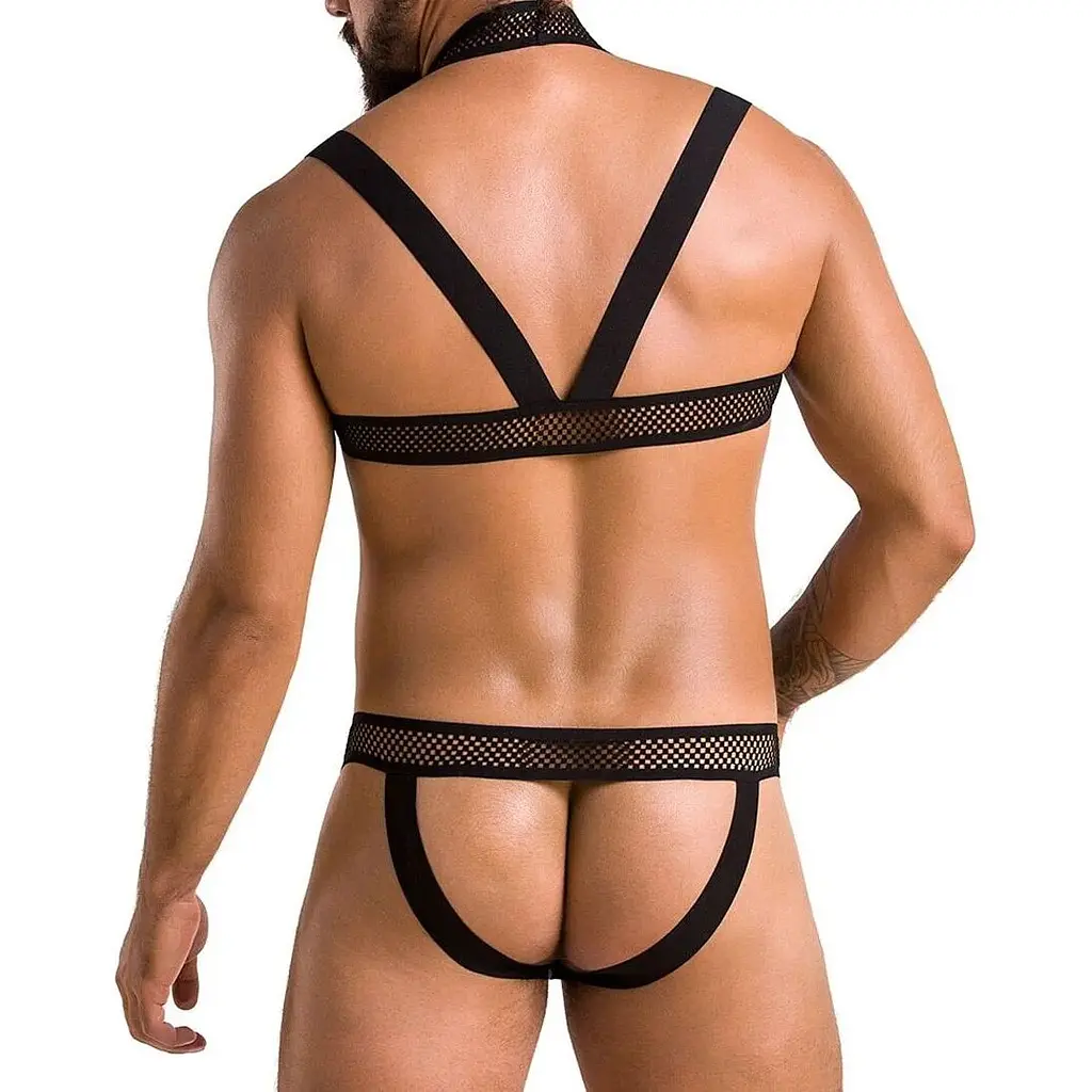 Комплект чоловічої білизни з кріпленнями Passion 043 Jacob S/M Black, труси, шлейки - фото 2