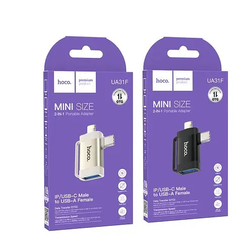 Перехідник Hoco UA31F iP male/Type-C male to USB female OTG 2 в 1 adapter чорний - фото 4