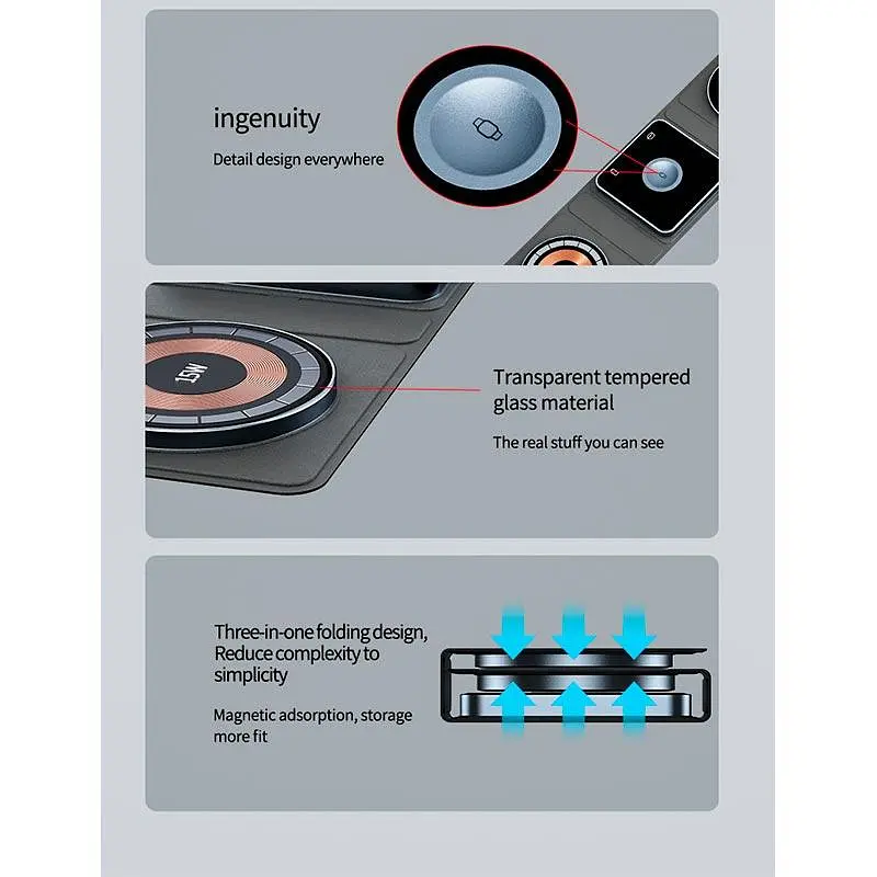 Зарядка Qi 3in1 Foldable Magnetic Wireless Charger XYJ X8 для 3 гаджетов Phone Apple Watch AirPods - фото 7