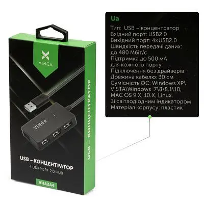 Концентратор Vinga USB2.0 to 4*USB2.0 HUB (VHA2A4) - фото 3