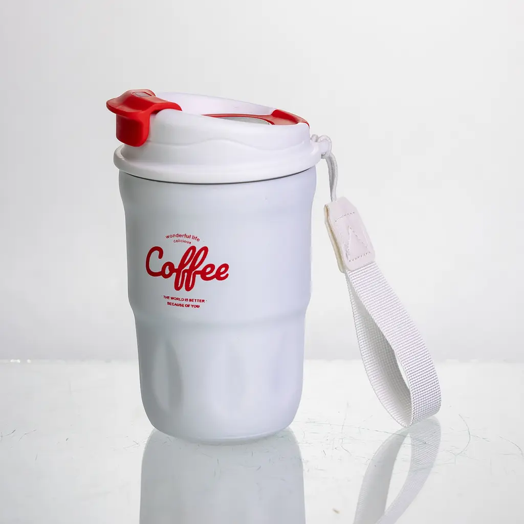Термочашка "Coffee" 400 мл з ремінцем та відкидною кришкою-клапаном, білий Yiwu HP-GM-19 - фото 4