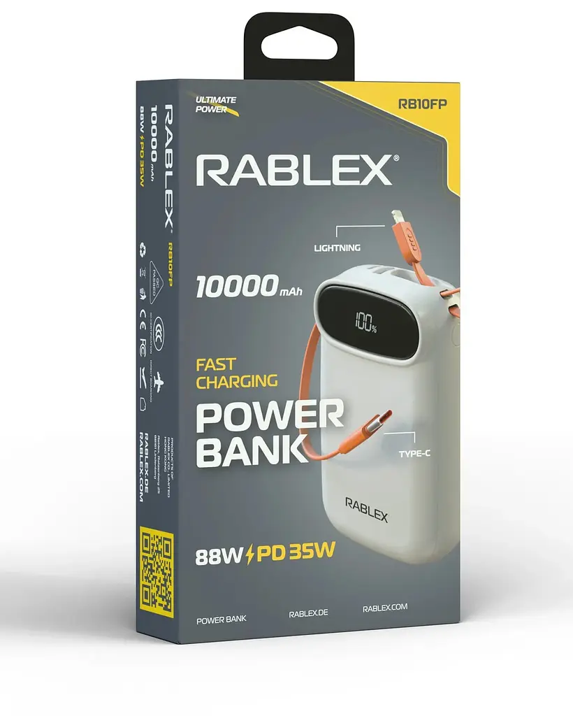 Портативная батарея Rablex RB10FP 10000mAh со встроенным USB-C кабелем PD35W Fast charging Power Bank - фото 4