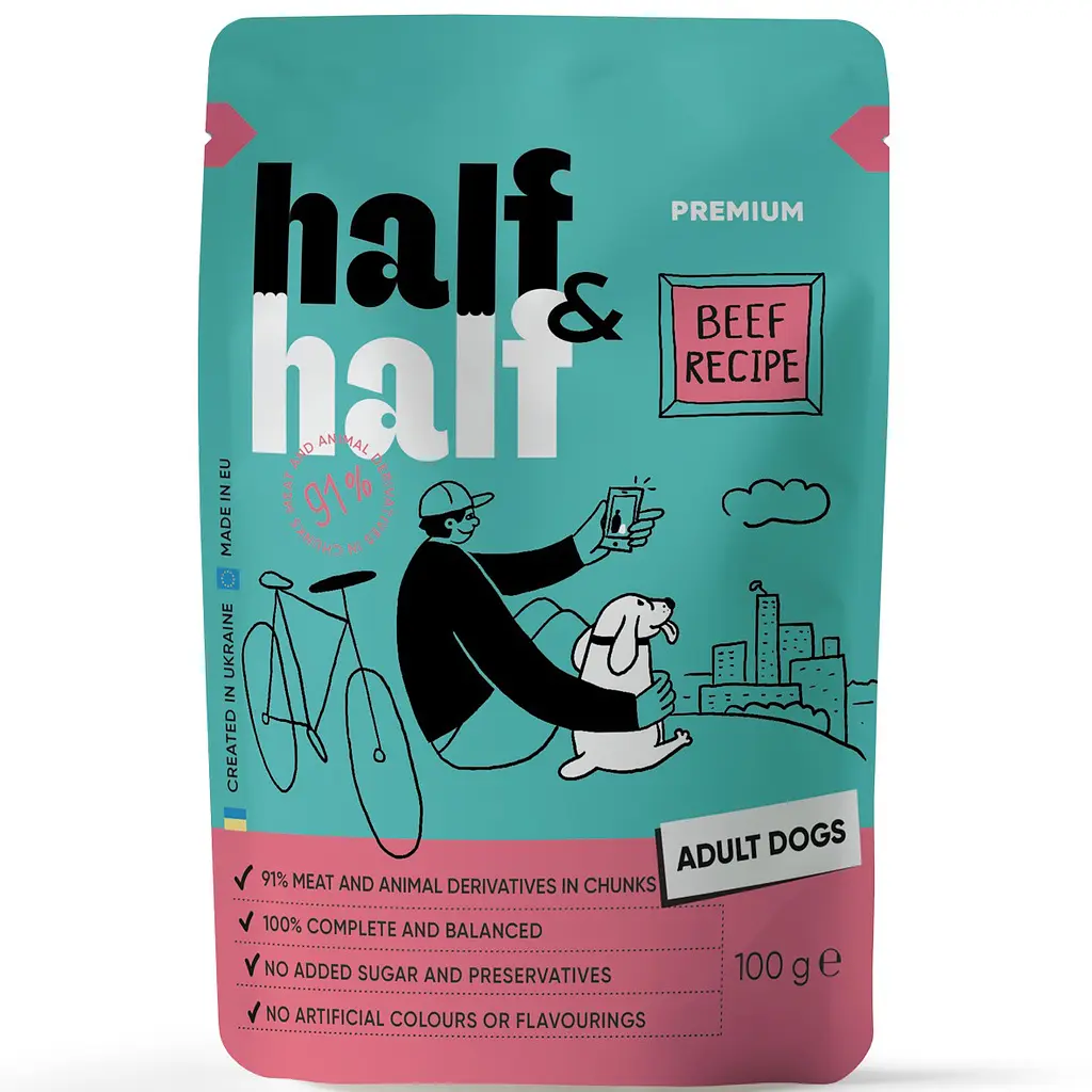 Набор влажных кормов Half & Half 5+1 для взрослых собак, кусочки с говядиной в соусе (6 шт. x 100 г) - фото 3