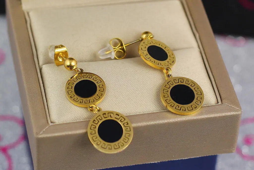 Сережки гвоздики Xuping Jewelry два кола з чорною серединкою 3.5 см лимонні - фото 3