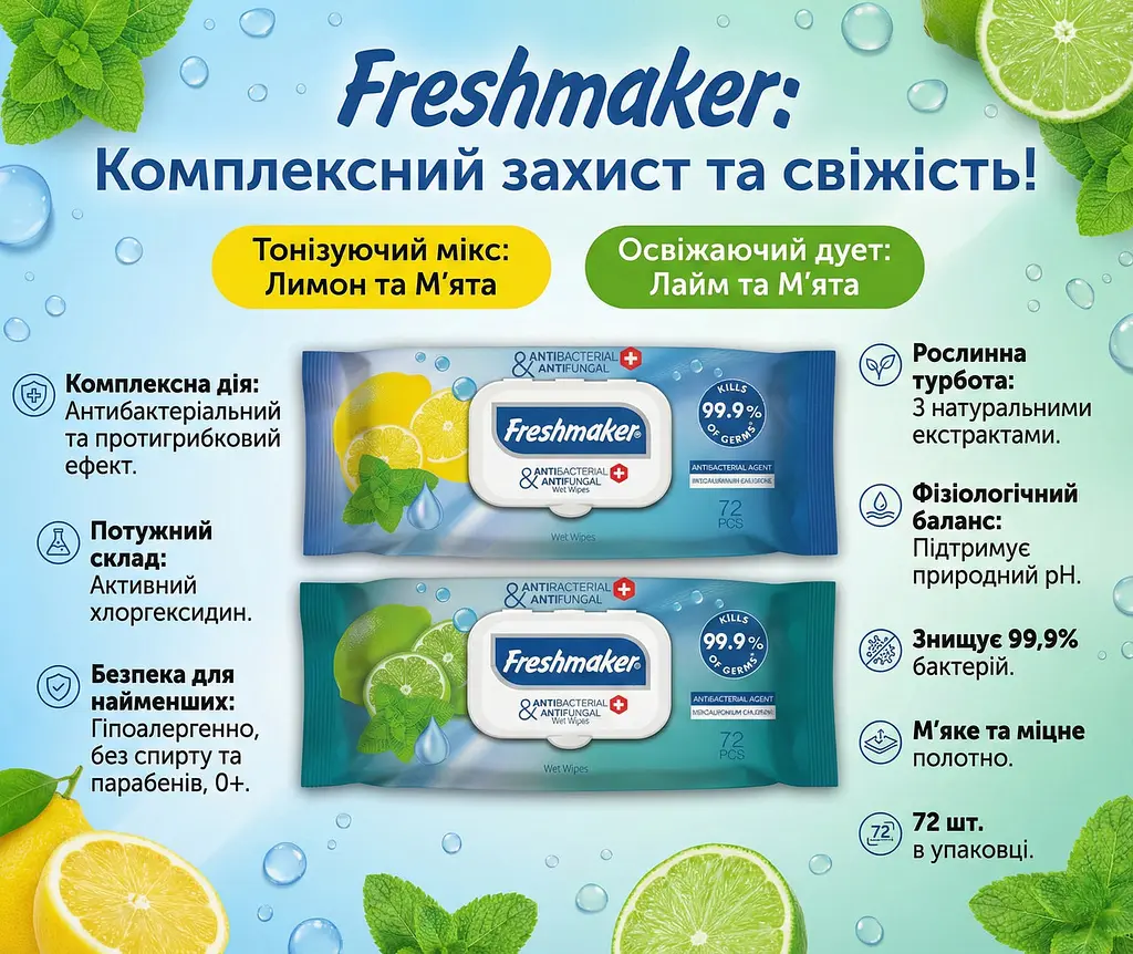 Вологі серветки антибактеріальні Freshmaker Antibacterial and Antifungal 72 шт. Гігієнічні серветки для рук та тіла - фото 2