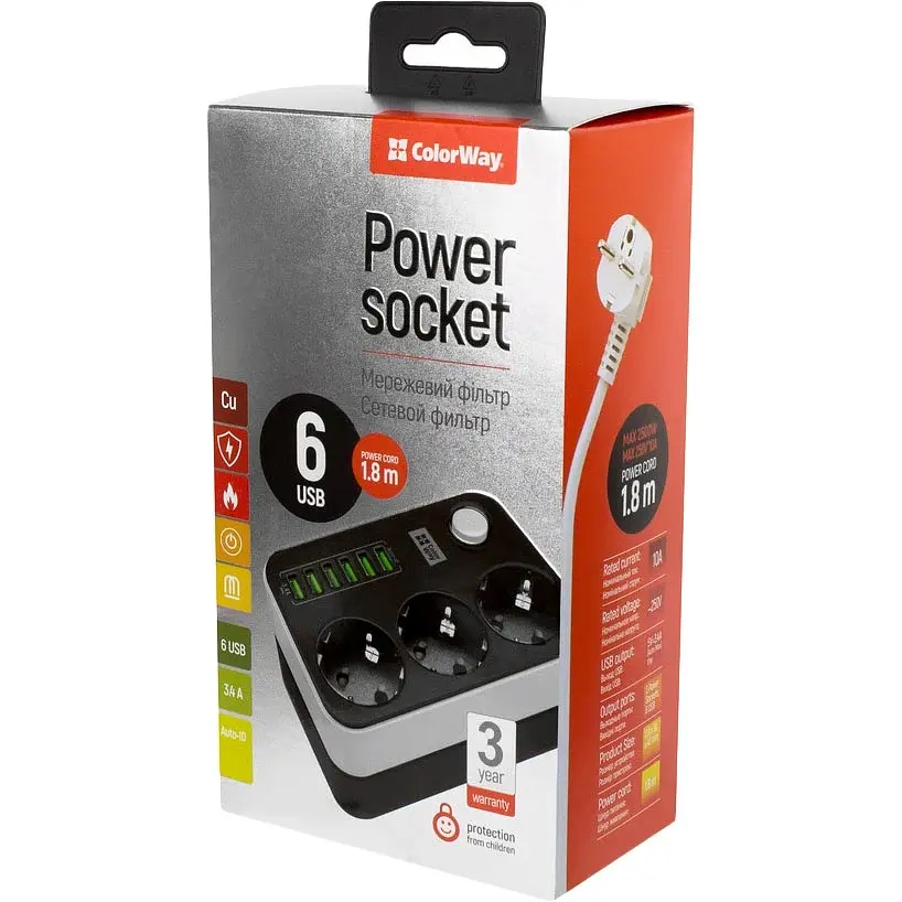 Мережевий фільтр-подовжувач ColorWay CW-CHЕ36B 3 розетки / 6USB 1.8 м Black - фото 7