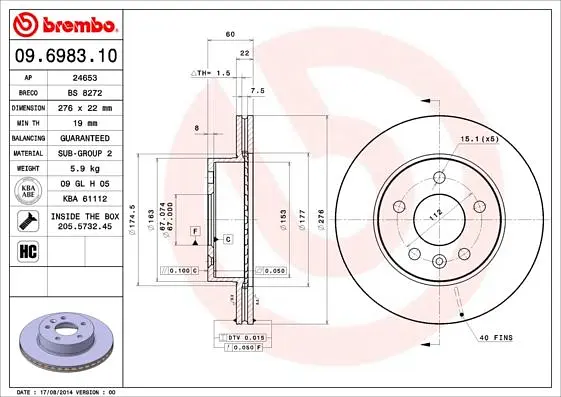 Диск гальмівний передній вентильований Mercedes Vito, V-class 96-03р Brembo (09.6983.10) - фото 2