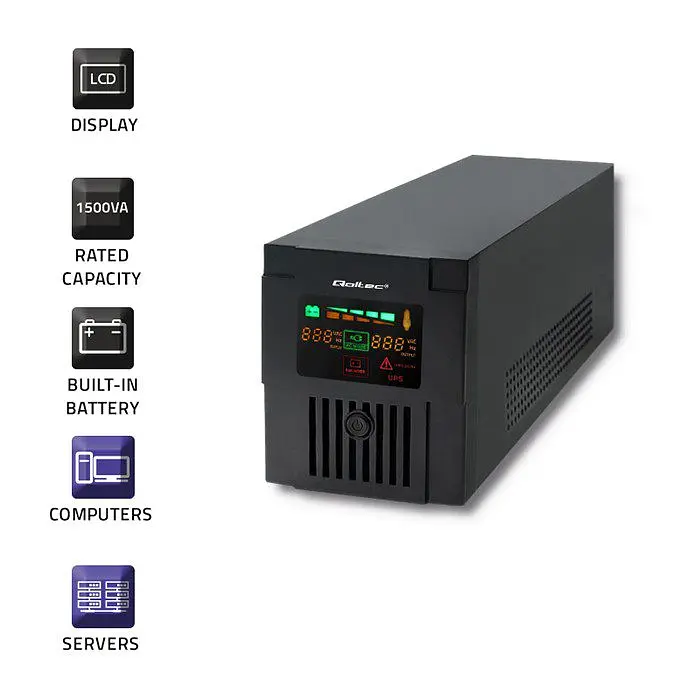 Джерело безперебійного живлення з модифікованою синусоїдою Qoltec QLT1500 900W 1500VA LED, AVR, RJ45, 2xSchuko, 2x12V 9Ah - фото 2
