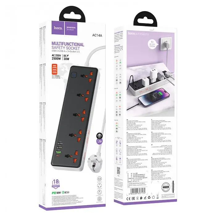 Сетевое зарядное устройство удлинитель HOCO AC14A Rico 3 USB/ Type-C 5 розеток 1,5m PD/QC, 3A/30W - фото 4