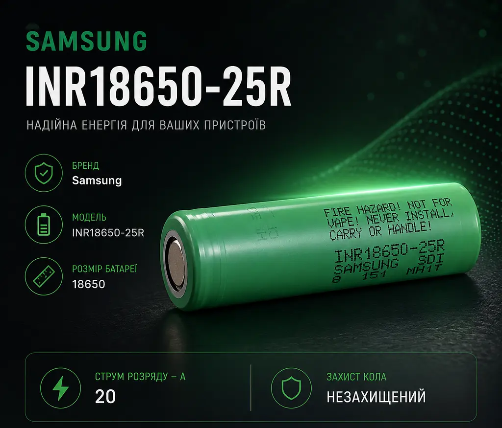 Акумулятор Samsung INR18650-25R 2500mAh 20A — високострумовий Li-ion акумулятор 18650 для повербанків, вейпів та електроніки - фото 5