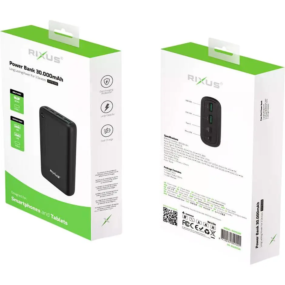 Зовнішній акумулятор Rixus RXPB38B 30000mAh 22.5W Black [154127] - фото 5