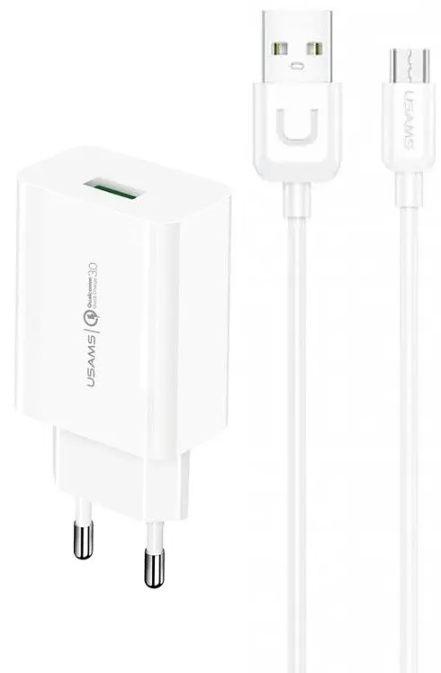Мережевий зарядний пристрій Usams T48 KiT T22 single USB-A QC3.0 18W 3A with U Turn MicroUSB cable Білий