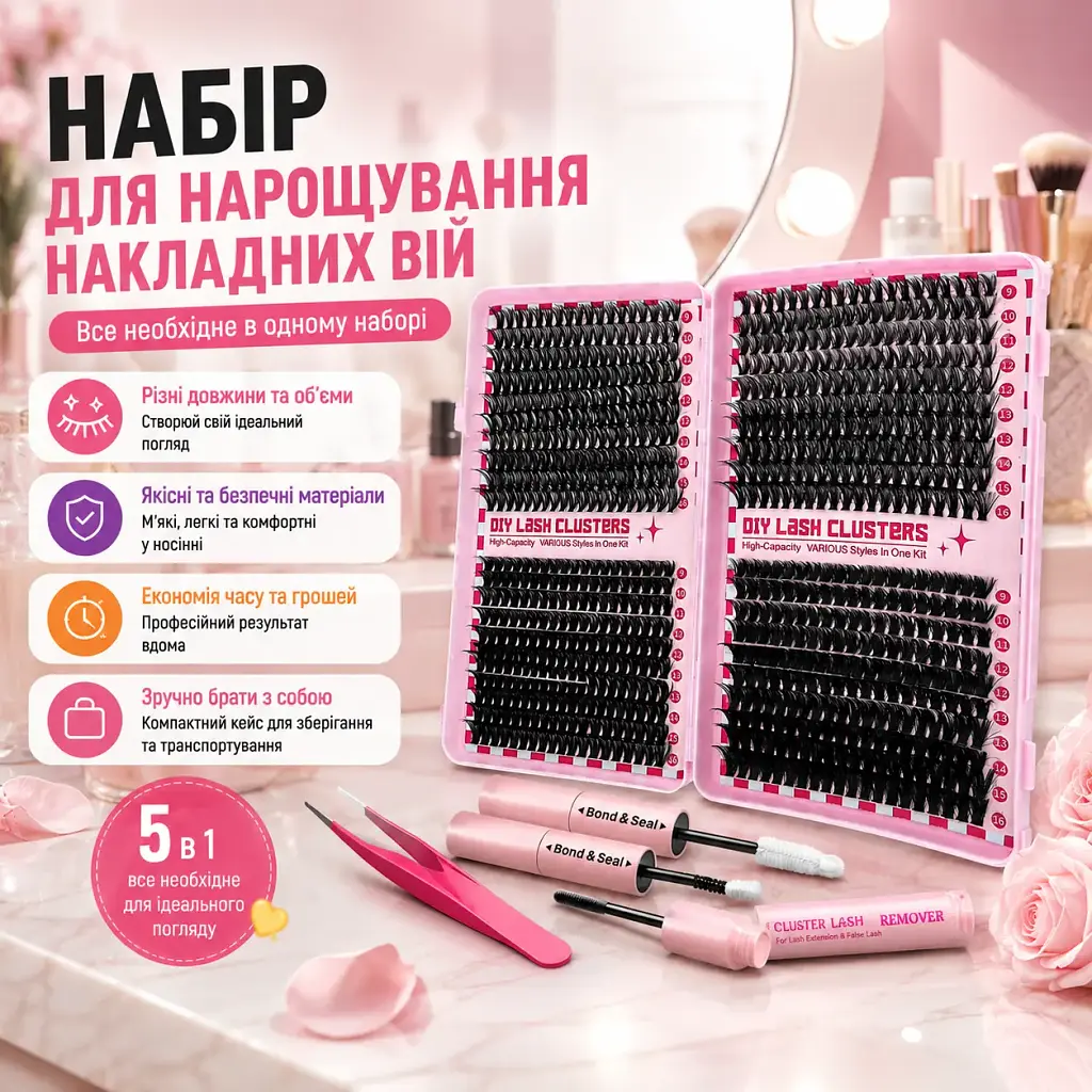 Набір накладних пучкових вій 800 шт 30D/40D/60D/80D з клеєм фіксатором щіточкою та пінцетом Чорний (00426) - фото 2