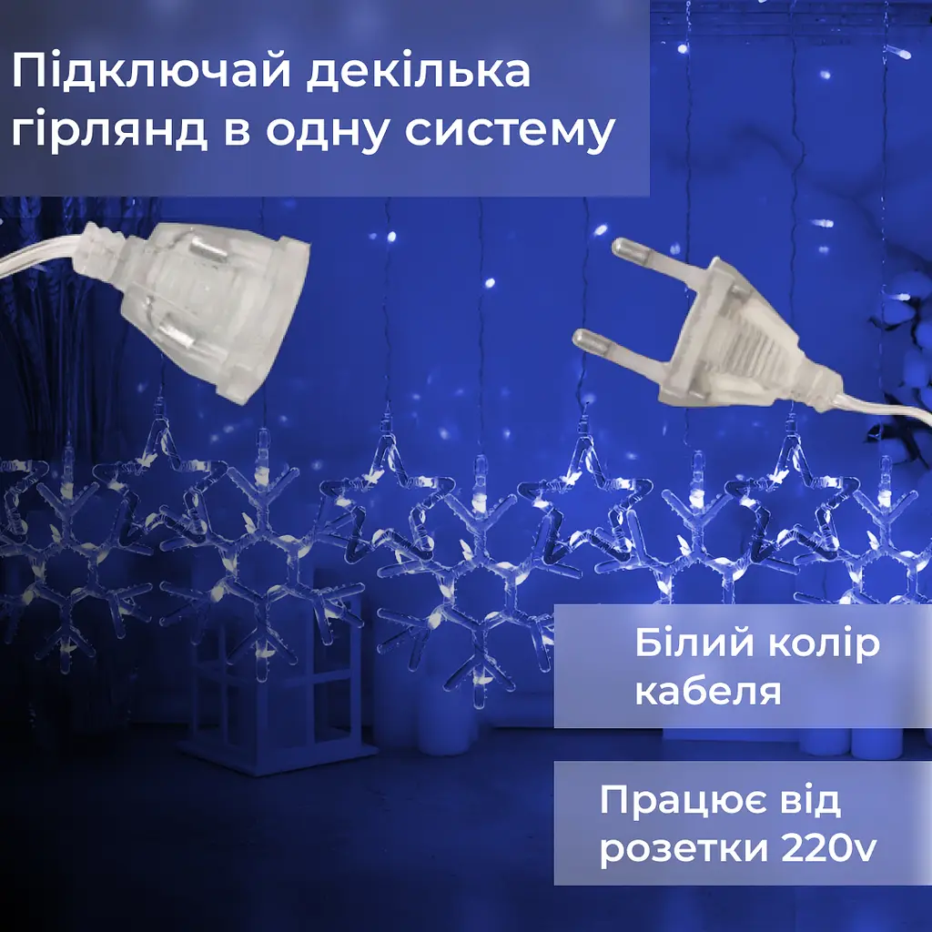 Гирлянда-штора GarlandoPro Звезды и снежинки размер 3x0.9 м 10 фигур, синий (1733066BL) - фото 5