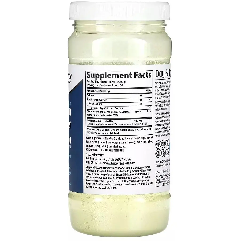 Магній Trace Minerals Magnesium Powder Stress-X зі смаком лимона та лайма 350 мг 250 г  - фото 2