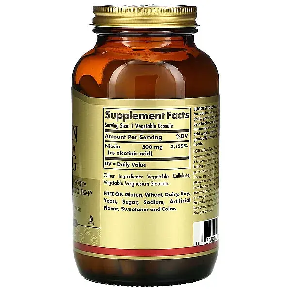 Вітамін В3 ніацин Solgar Niacin Vitamin B3 500 мг 100 вегетарианских капсул - фото 2