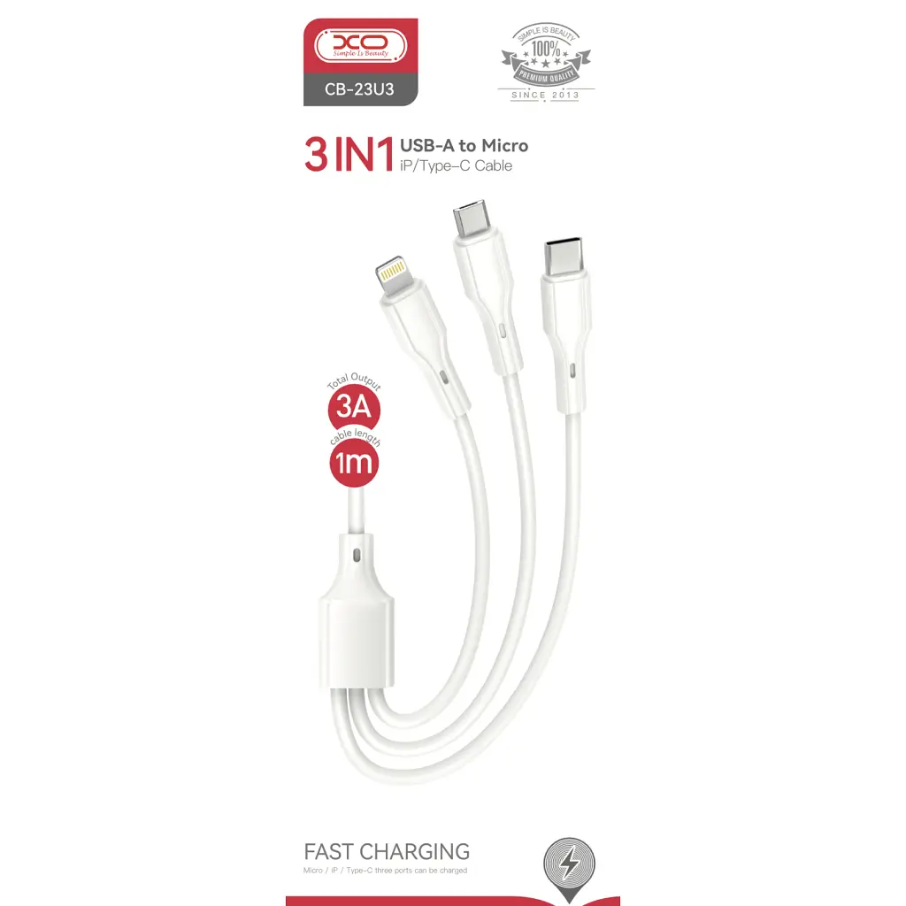 Дата кабель USB 2.0 AM to Lightning + Micro 5P + Type-C 1.0m 2.4A XO (CB-23U3) - фото 3