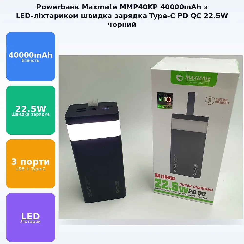 Потужний Повербанк із LED ліхтариком Power Bank із швидкою зарядкою 40000mAh 2USB /Type-C PD/QC 5A/22.5W Maxmate MMP40KP чорний - фото 2