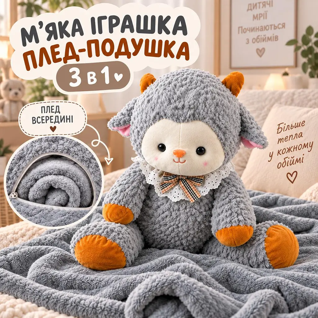 Кізочка мʼяка іграшка 65см з пледом всередині , Барашка Шон сірий - фото 4