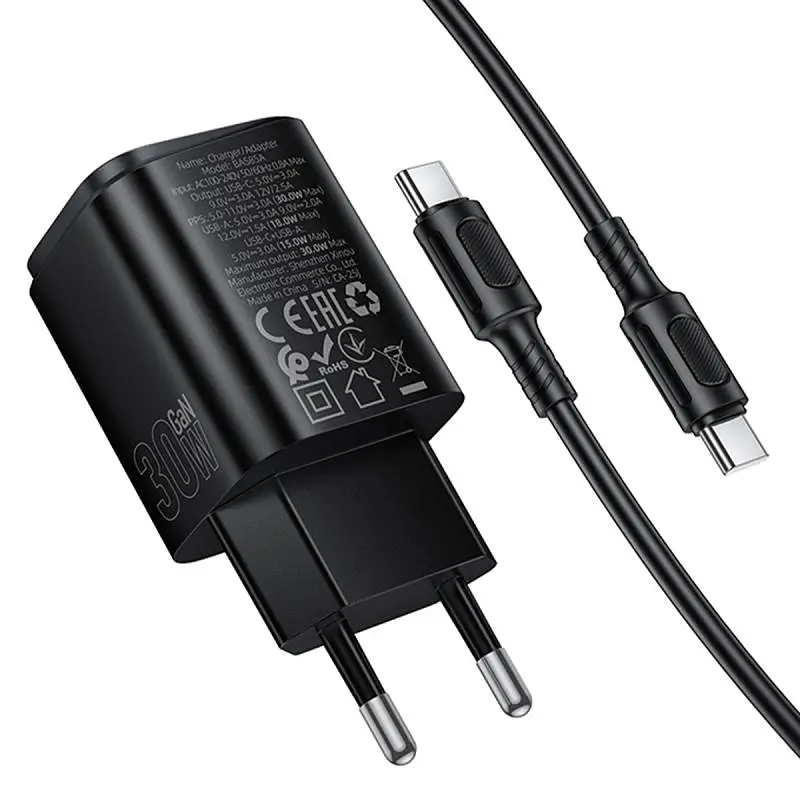 СЗУ Borofone BAS85A Star PD30W+QC3.0 (1USB-A/1C) + кабель Type-C to Type-C Black - фото 3
