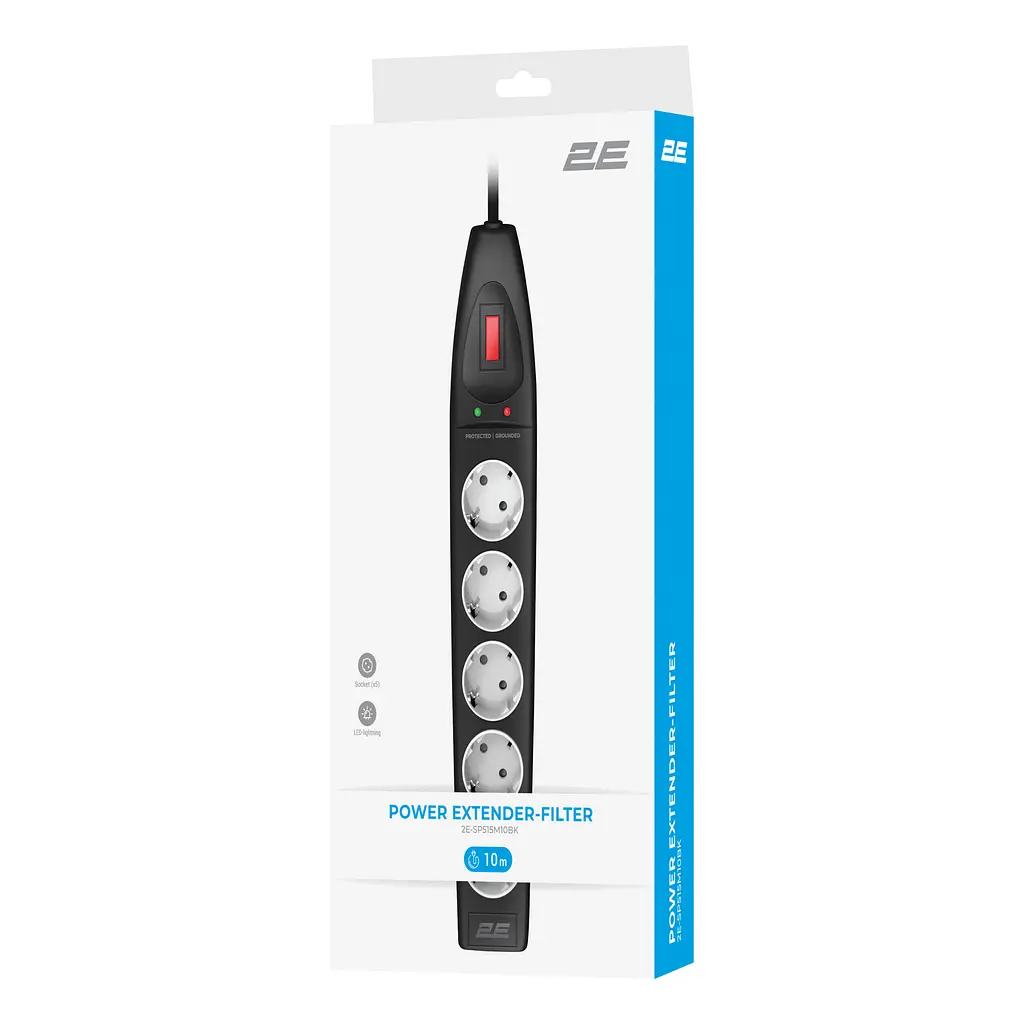 Подовжувач мережевий з фільтром 5 розеток 10 м 2E Power Extension 5 Type F 10m 16A Black - фото 2