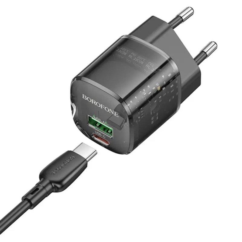 МЗП Borofone BN17 Sunlight PD20W+QC3.0 (1USB-A/1C) + кабель Type-C to Type-C Transparent black - фото 3