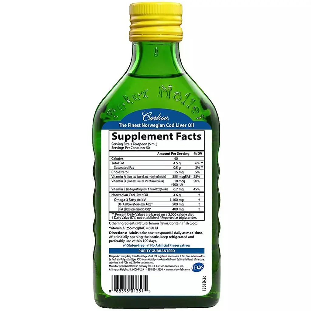 Жир печінки дикої норвезької тріски Carlson Cod Liver Oil смак лимону 250 мл - фото 2