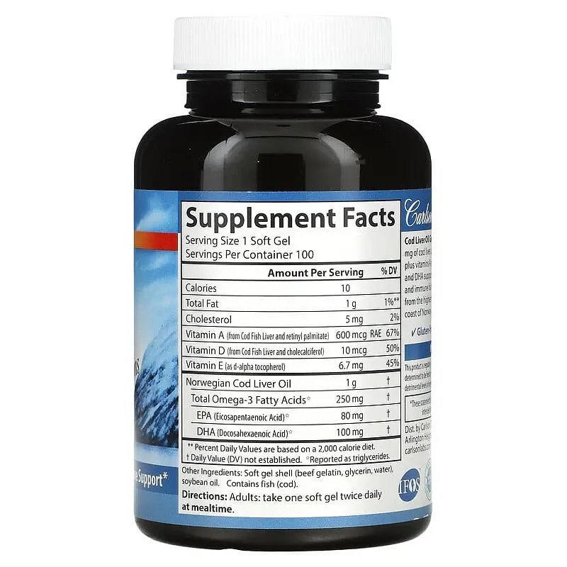 Жир із печінки тріски Carlson Laboratories Cod Liver Oil Super 1000 mg 100 softgels (1086-2023-10-3889) - фото 2