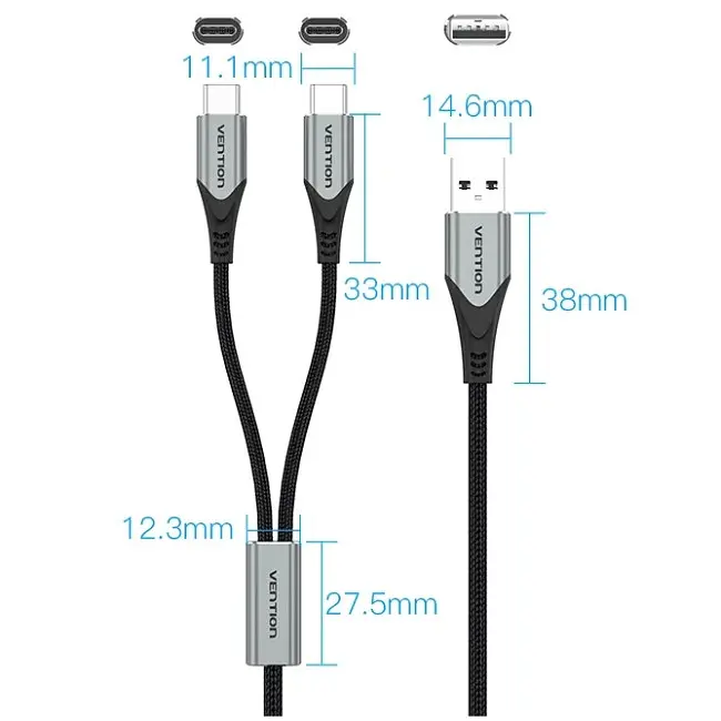 Кабель USB 2.0 AM - 2хType-CM, 1.0 м Y-Splitter Charging Cable 2.4А 480Mbps Aluminum Alloy Vention - фото 4