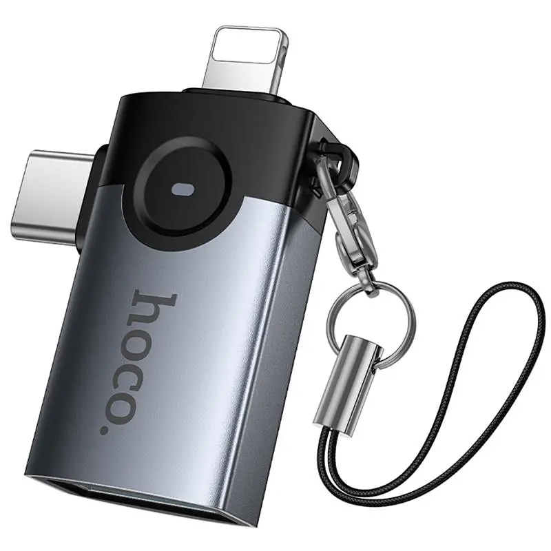 Перехідник Hoco UA46D OTG 2in1 Lightning male/Type-C male to USB female Metal gray - фото 4